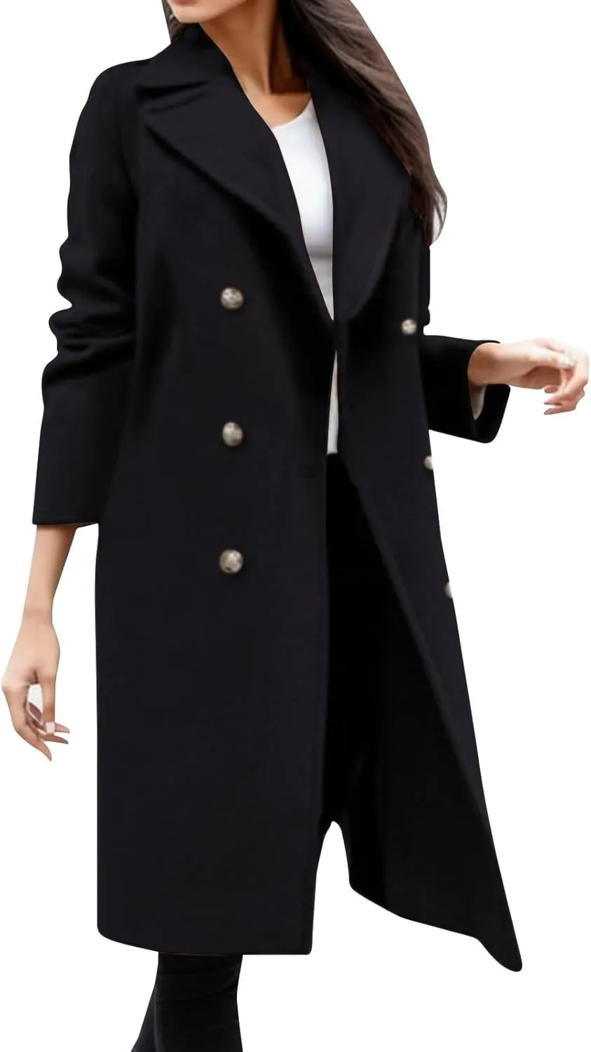 Long Wool Soft Coats for Women Double Breasted Trench Coat Winter Work Office Notch Lapel Overcoat Pocketed Outwear