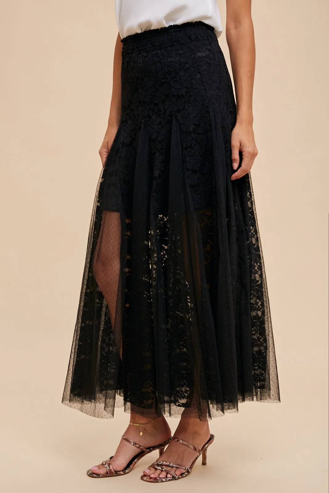 Madison Black Elegant Lace Paneled Maxi Skirt