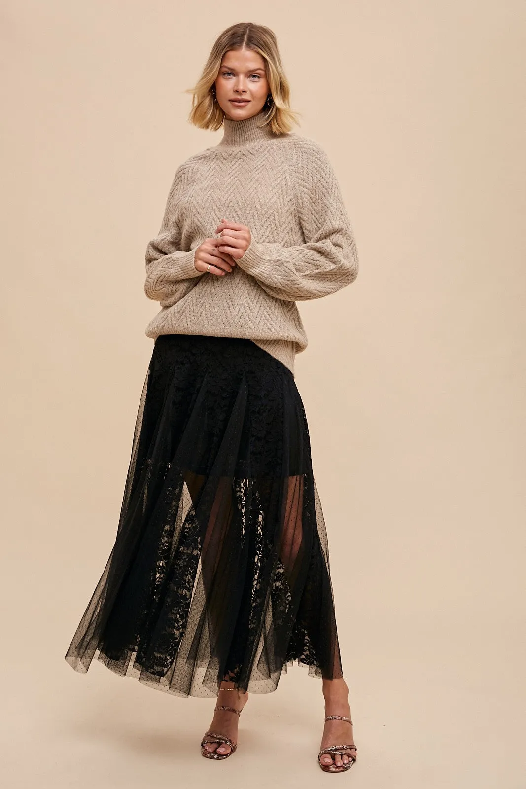 Madison Black Elegant Lace Paneled Maxi Skirt