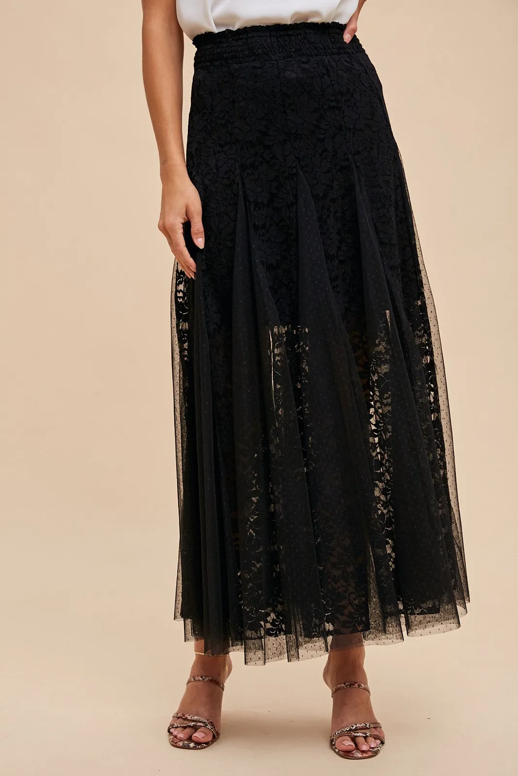 Madison Black Elegant Lace Paneled Maxi Skirt