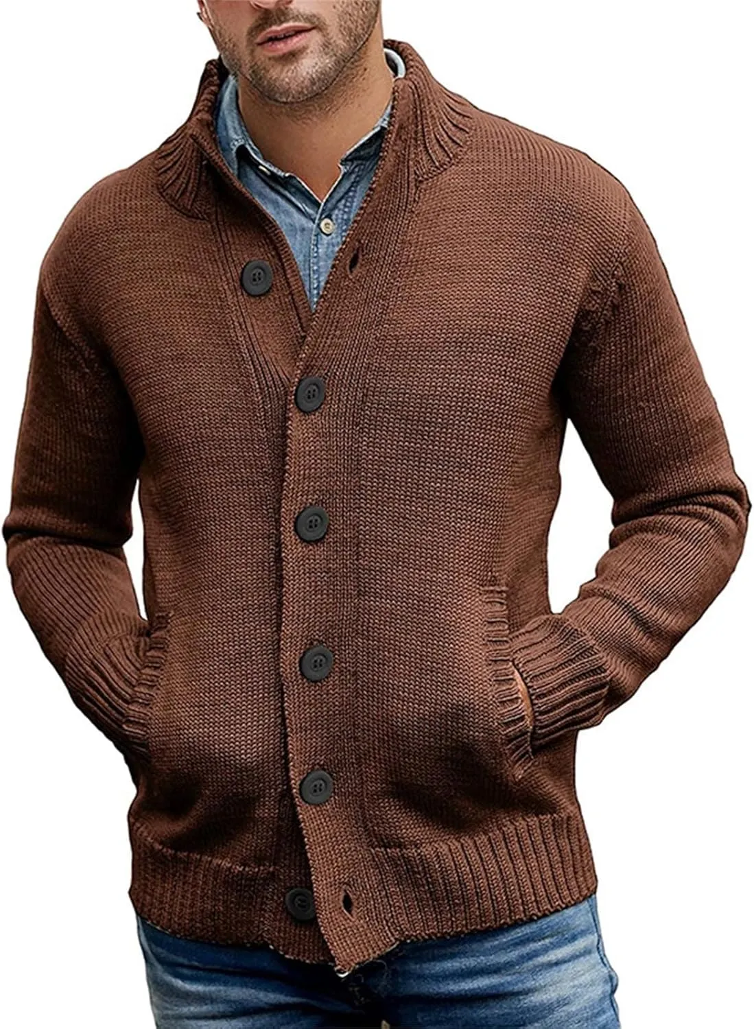 Mens Cardigan Sweater V Neck Casual Soft Long Sleeve Button Down Knitted Winter Sweater Slim Fit Button Cable Knit Sweaters
