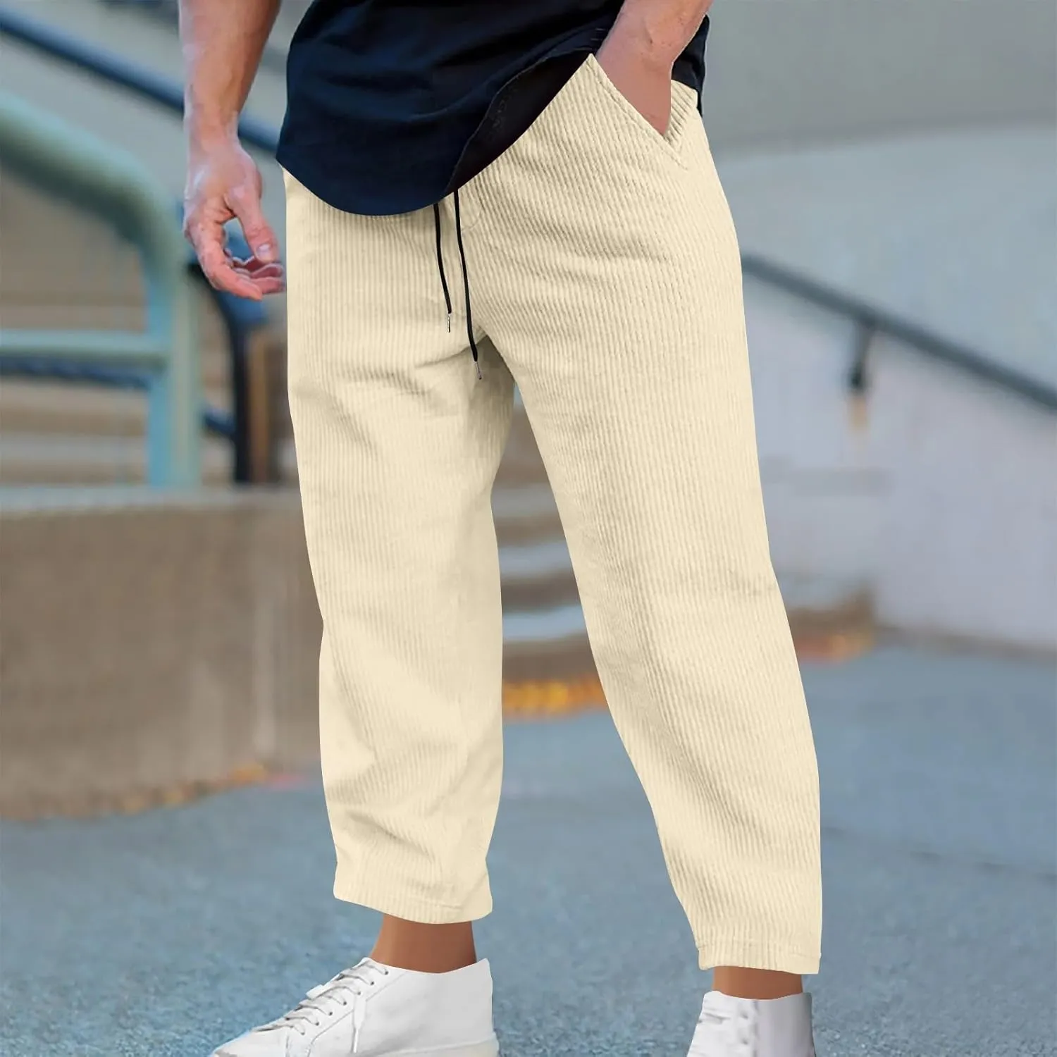 Men's Corduroy Pants Lightweight Casual Loose Drawstring Elastic Waist Straight Wide Leg Trousers with Pockets