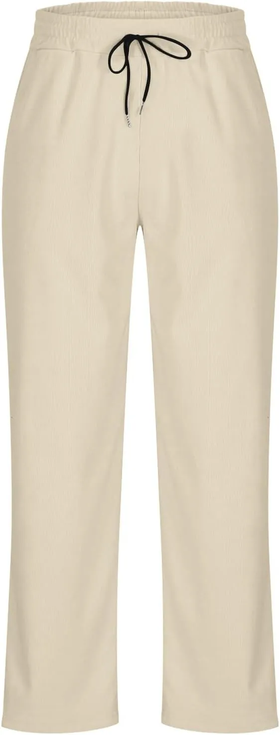 Men's Corduroy Pants Lightweight Casual Loose Drawstring Elastic Waist Straight Wide Leg Trousers with Pockets