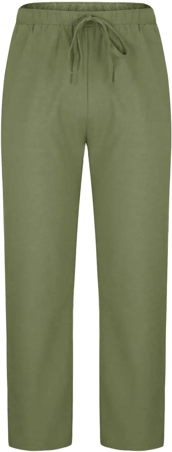 Mens Cotton Linen Drawstring Pants Elastic Waist Casual Jogger Yoga Pants Summer Fashion Casual Solid Pants Trousers