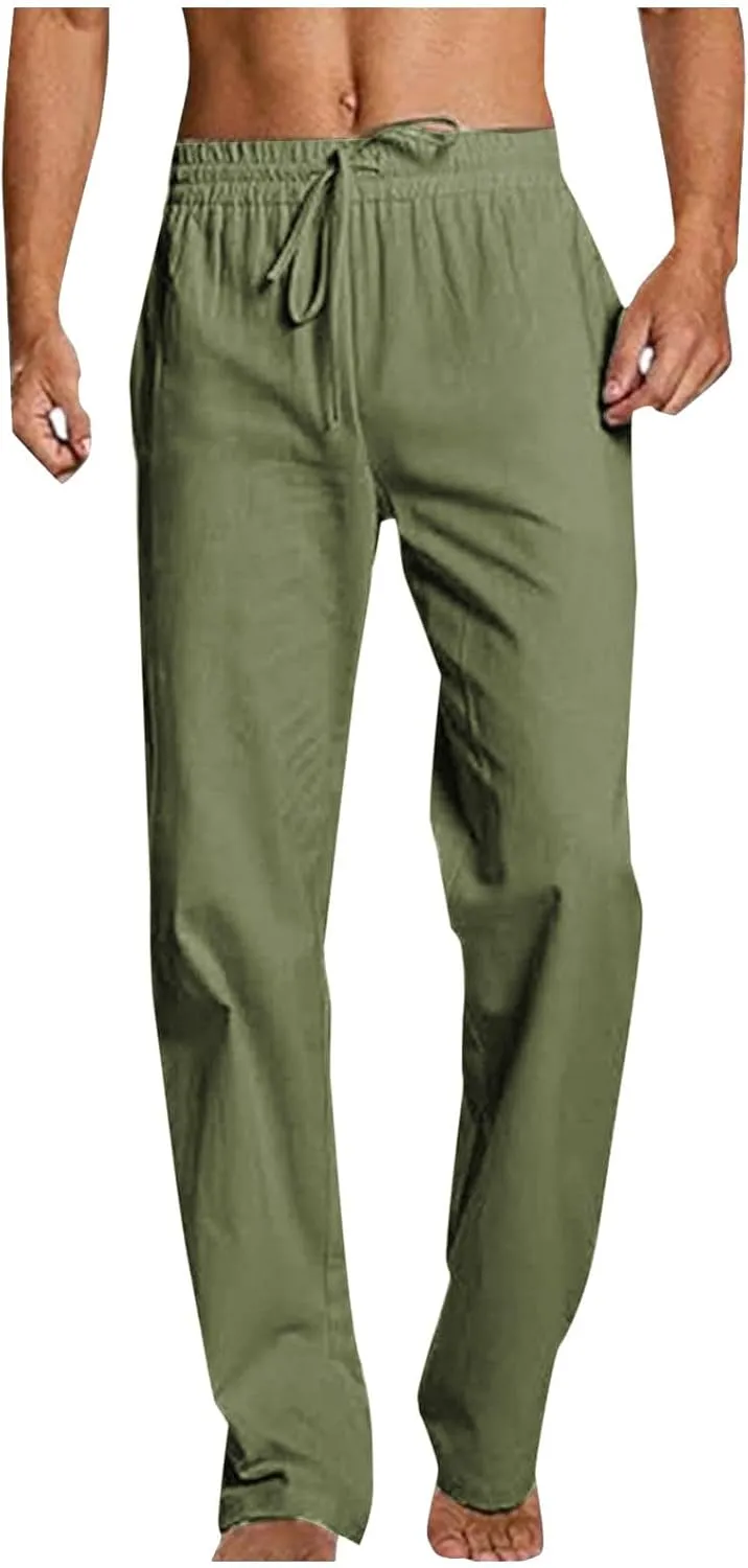 Mens Cotton Linen Drawstring Pants Elastic Waist Casual Jogger Yoga Pants Summer Fashion Casual Solid Pants Trousers