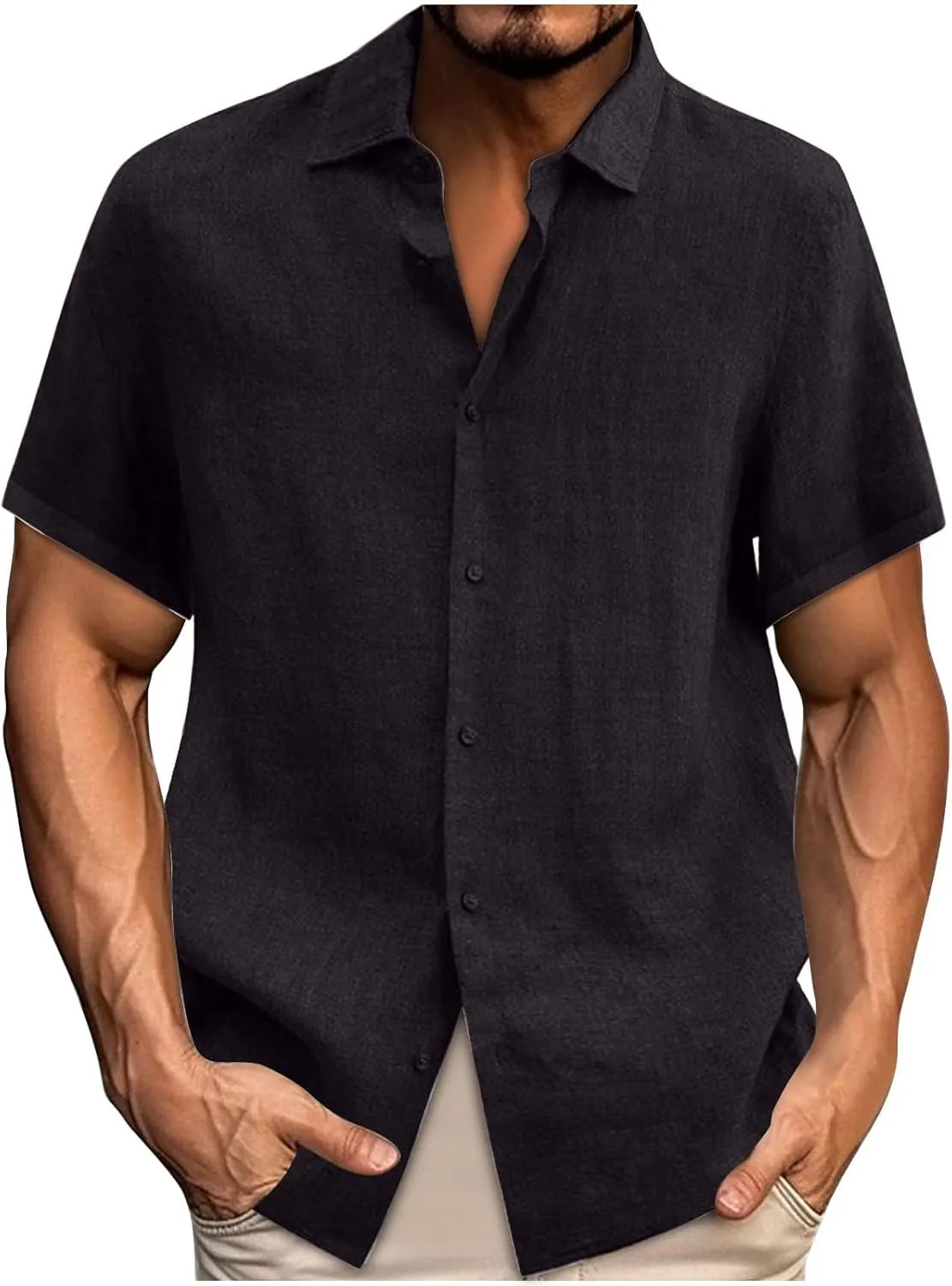 Men's Cotton Linen Short Sleeve Shirts Guayabera Linen Polo Tee for Men Button Down Summer Beach Vacation Blouses