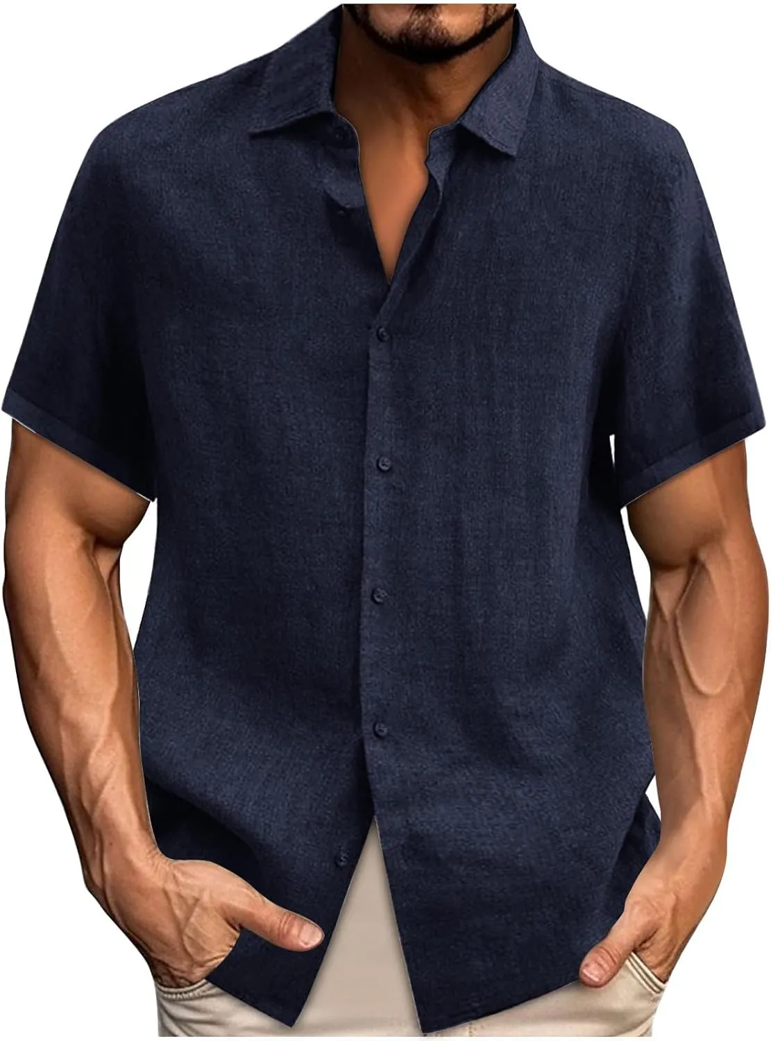 Men's Cotton Linen Short Sleeve Shirts Guayabera Linen Polo Tee for Men Button Down Summer Beach Vacation Blouses