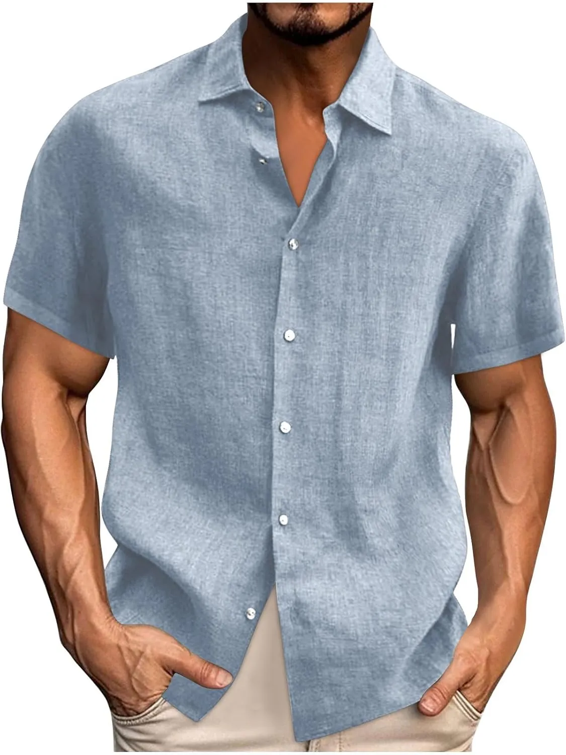 Men's Cotton Linen Short Sleeve Shirts Guayabera Linen Polo Tee for Men Button Down Summer Beach Vacation Blouses