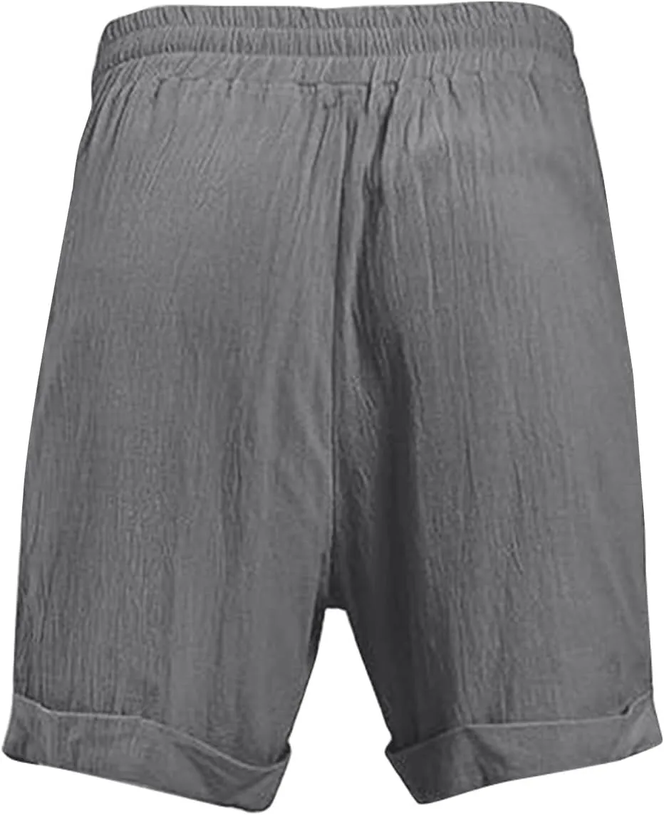 Mens Cotton Linen Shorts Knee Length Elastic Waist Drawstring Lightweight Breathable Casual Lounge Shorts