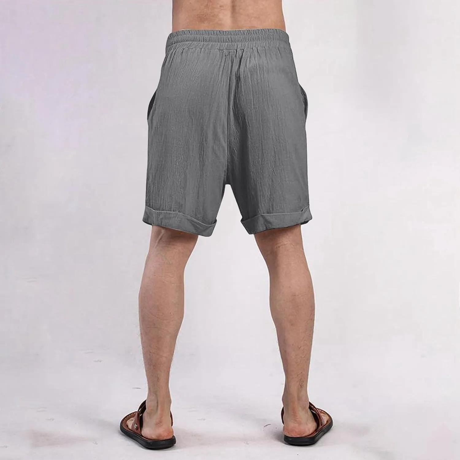 Mens Cotton Linen Shorts Knee Length Elastic Waist Drawstring Lightweight Breathable Casual Lounge Shorts