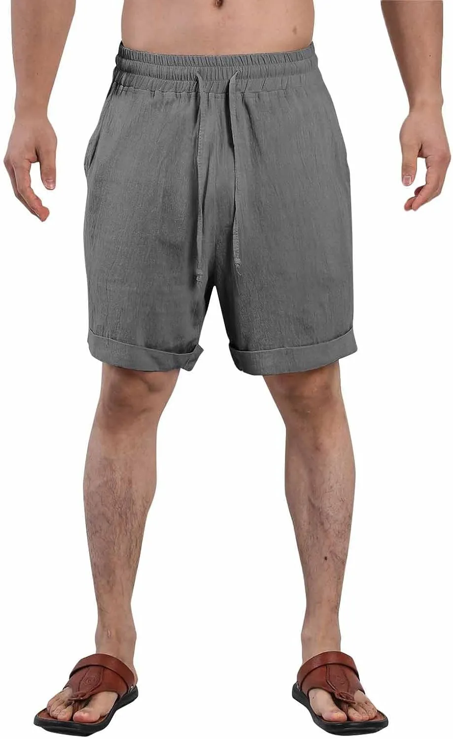 Mens Cotton Linen Shorts Knee Length Elastic Waist Drawstring Lightweight Breathable Casual Lounge Shorts