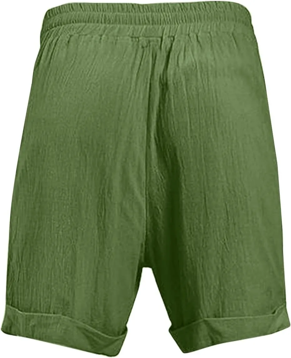 Mens Cotton Linen Shorts Knee Length Elastic Waist Drawstring Lightweight Breathable Casual Lounge Shorts