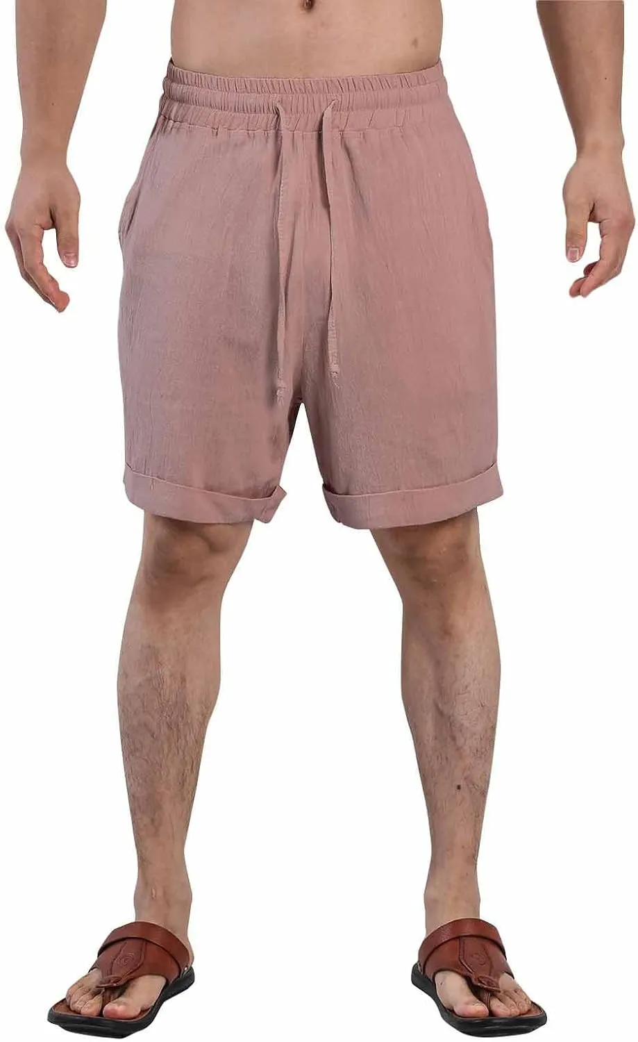 Mens Cotton Linen Shorts Knee Length Elastic Waist Drawstring Lightweight Breathable Casual Lounge Shorts