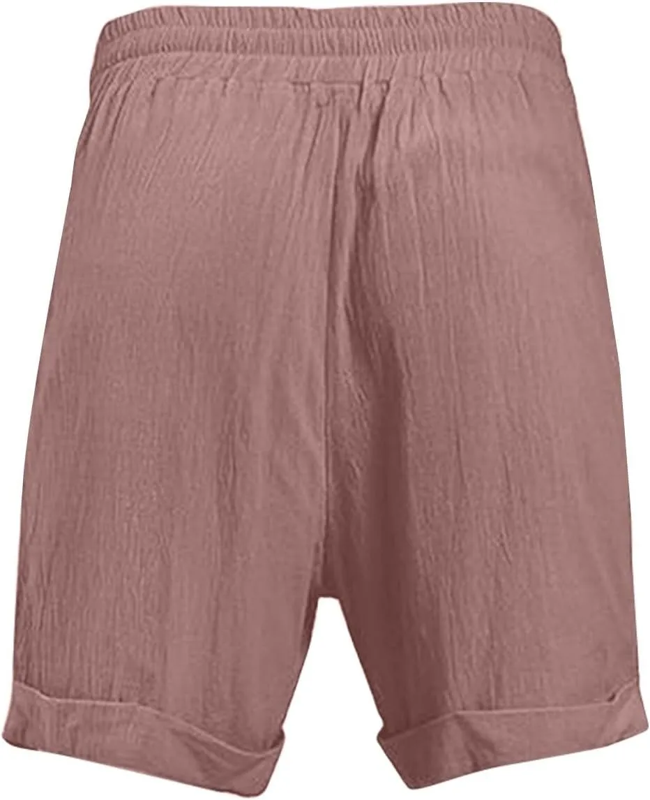 Mens Cotton Linen Shorts Knee Length Elastic Waist Drawstring Lightweight Breathable Casual Lounge Shorts
