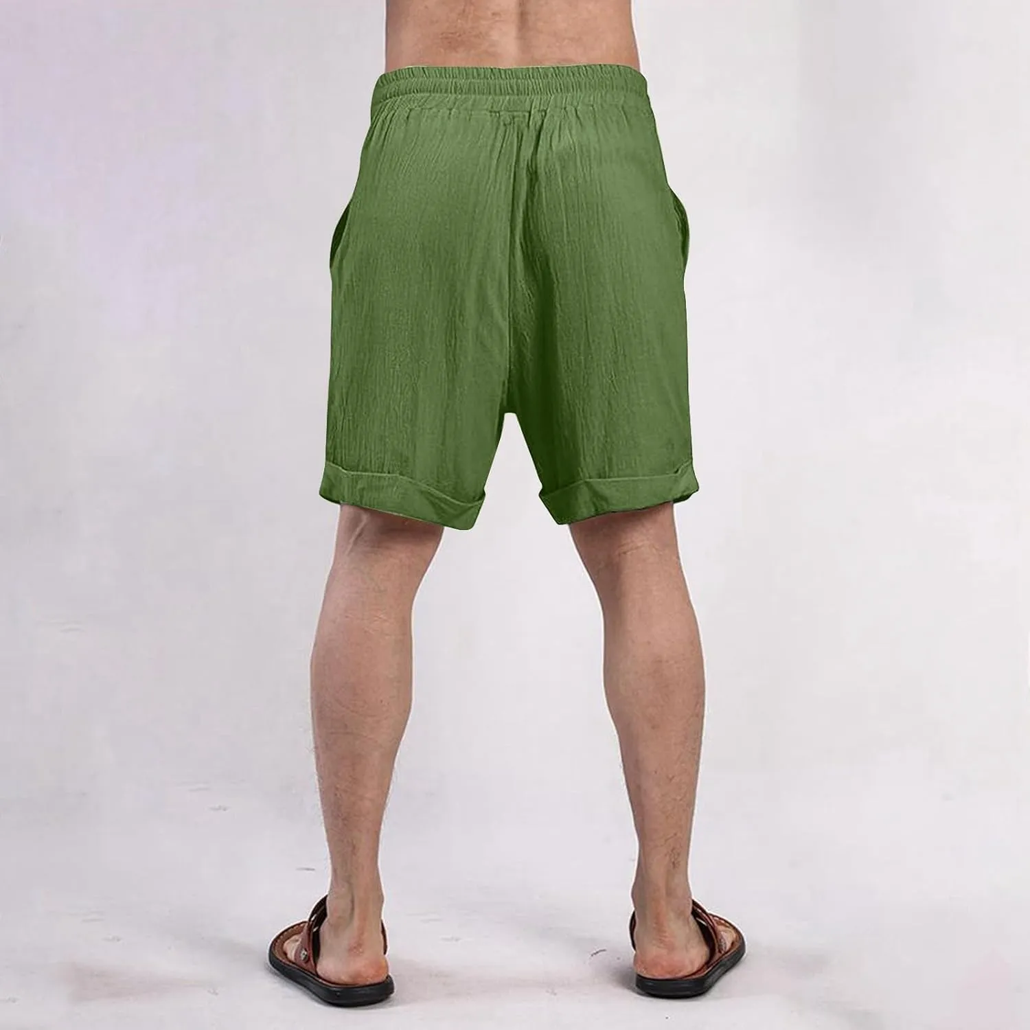 Mens Cotton Linen Shorts Knee Length Elastic Waist Drawstring Lightweight Breathable Casual Lounge Shorts