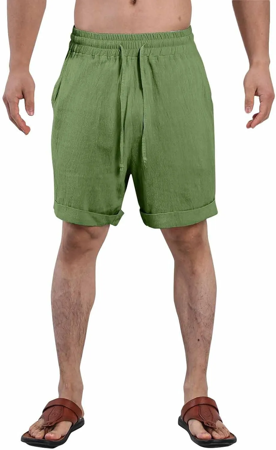 Mens Cotton Linen Shorts Knee Length Elastic Waist Drawstring Lightweight Breathable Casual Lounge Shorts