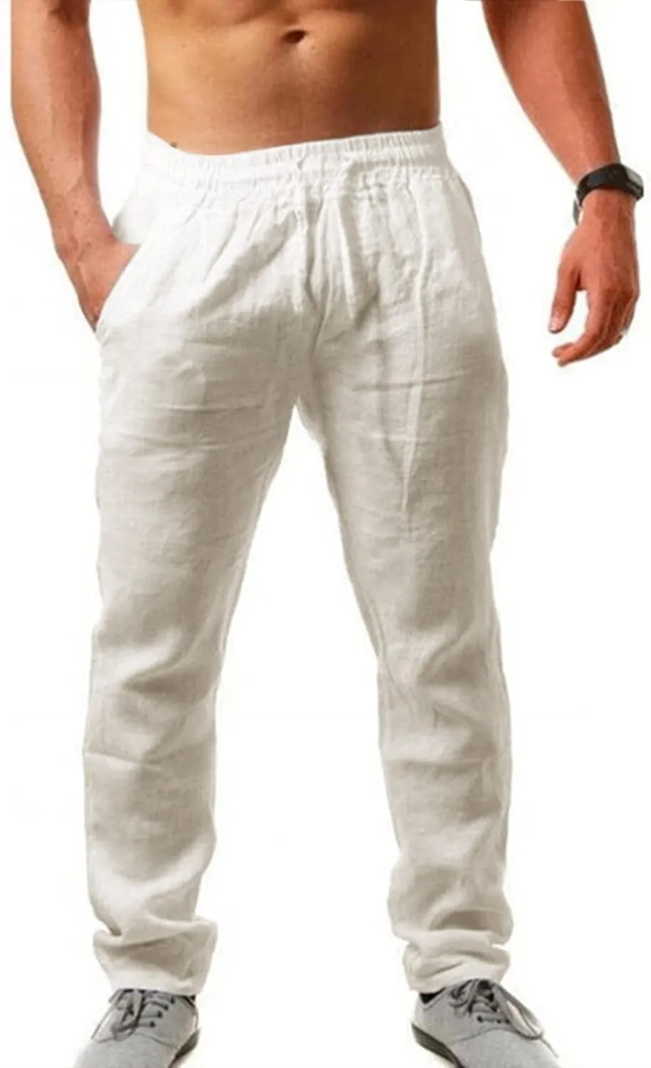 Men's Cotton Linen Trousers Solid Summer Beach Yoga Pants Casual Drawstring Trousers