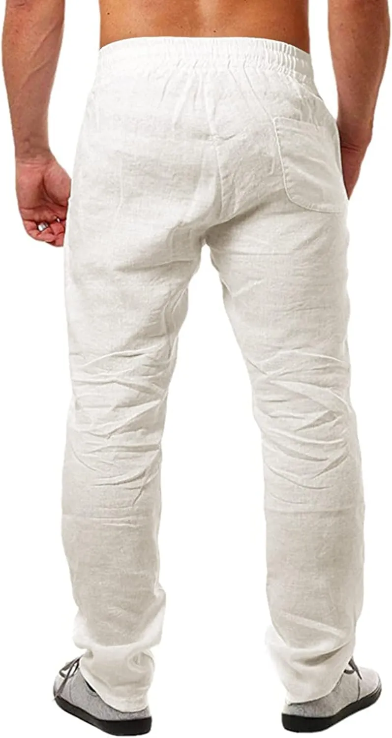 Men's Cotton Linen Trousers Solid Summer Beach Yoga Pants Casual Drawstring Trousers