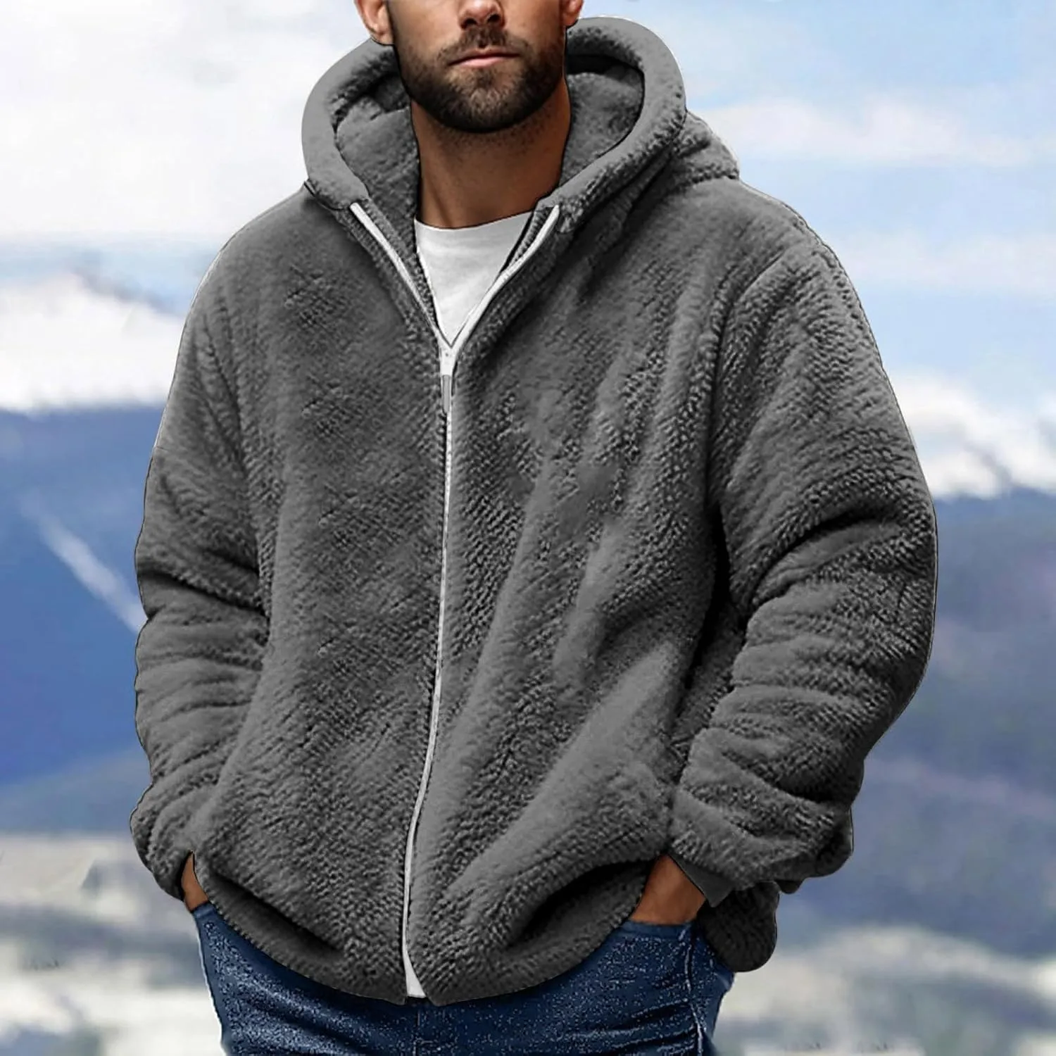 Mens Fuzzy Sherpa Hoodie Sweatshirts Soft Long Sleeve Zip up Sweatshirt Fall Outwear Winter Hooded Jacket with Pocket