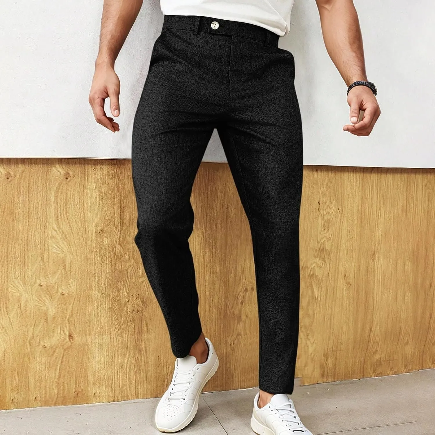 Men's Slim Leg Pants Summer Elastic Waist Fit Breathable Leisure Style Sport Clothes Comfy Fashion Trendy Trousers