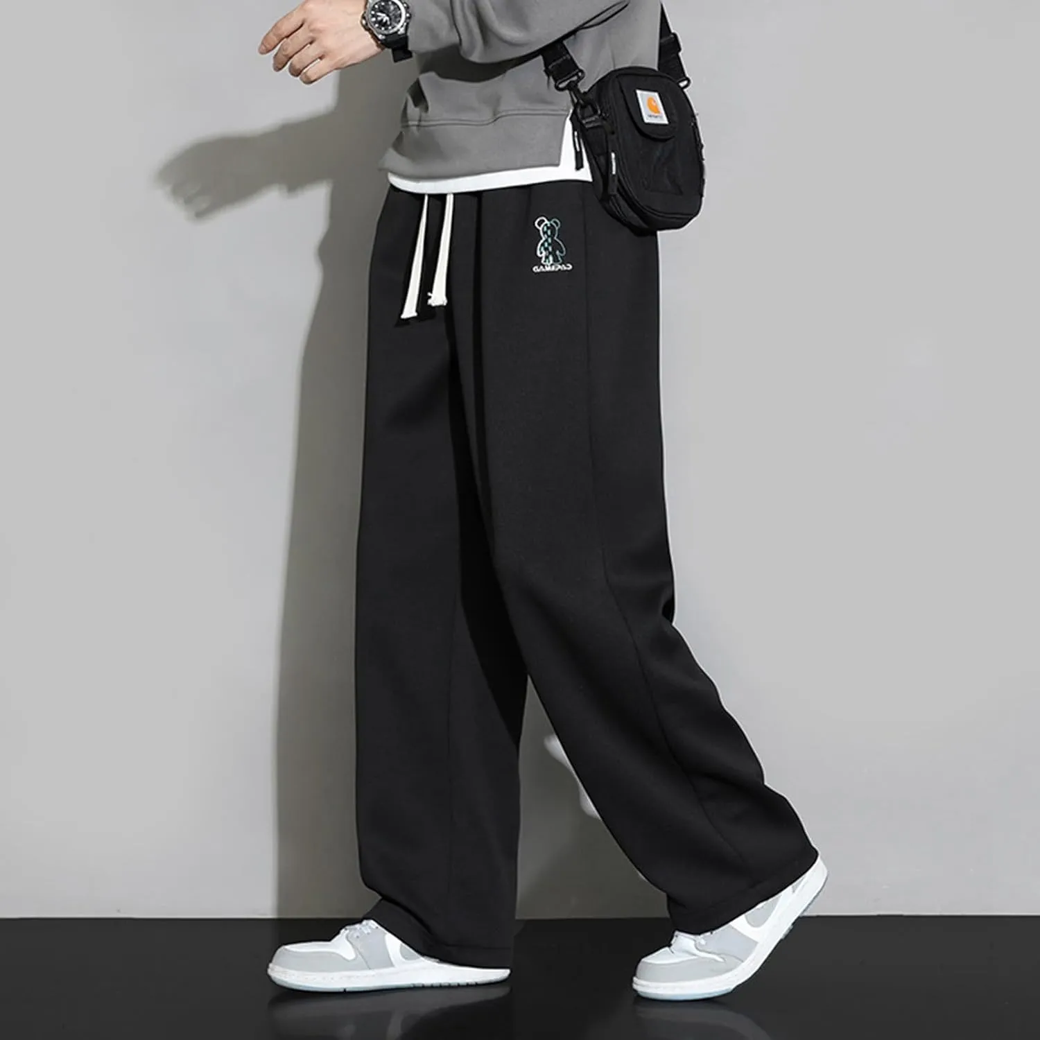 Men's Summer Pants Elastic Bear Pattern Waist Drawstring Pocket Wide Leg Breathable Loose Sport Clothes Cute Trousers