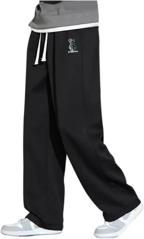 Men's Summer Pants Elastic Bear Pattern Waist Drawstring Pocket Wide Leg Breathable Loose Sport Clothes Cute Trousers