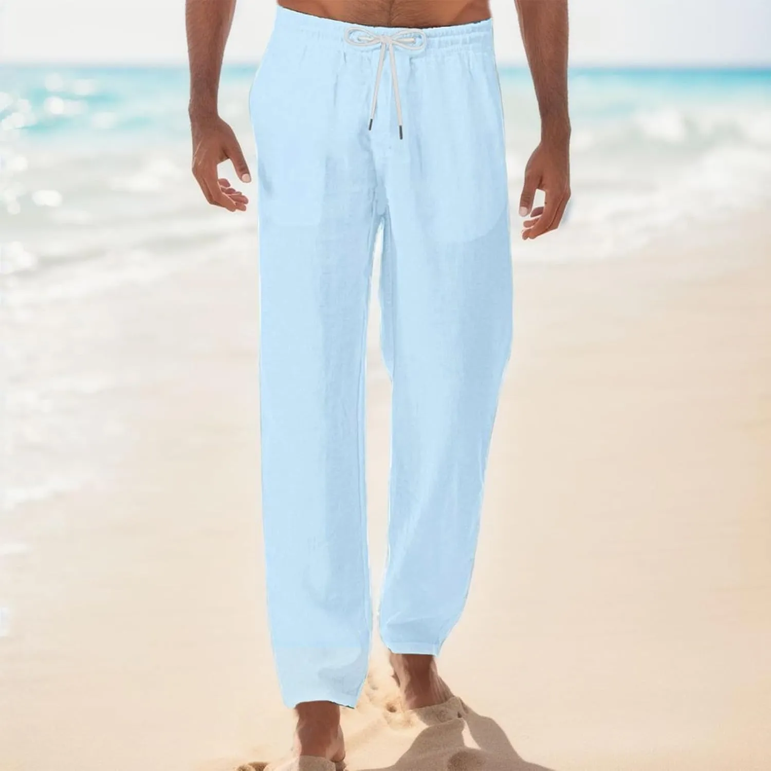 Men's Summer Pants Solid Color Elastic Waist Drawstring Pocket Wide Leg Breathable Loose Elasticity Cute Trousers