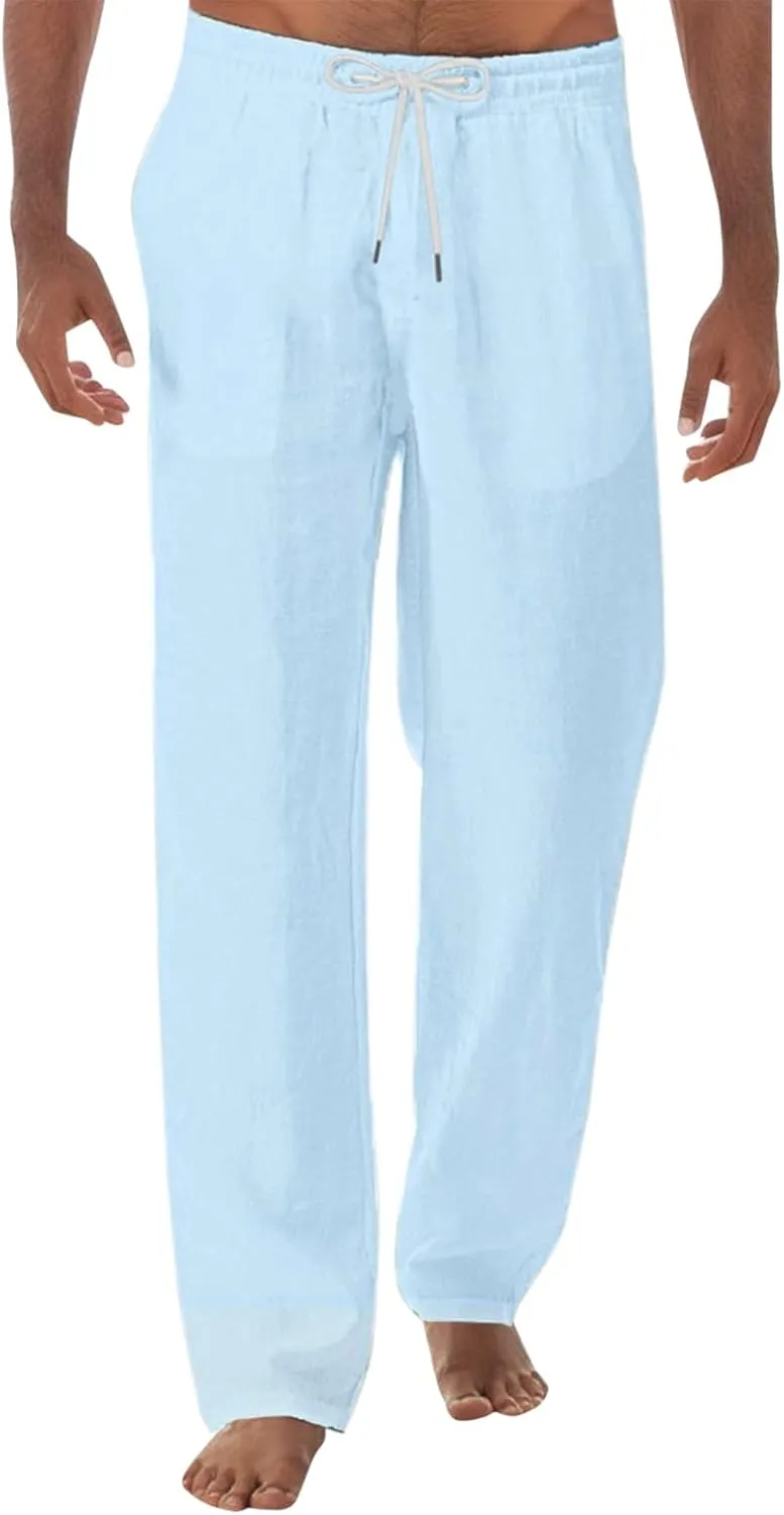 Men's Summer Pants Solid Color Elastic Waist Drawstring Pocket Wide Leg Breathable Loose Elasticity Cute Trousers
