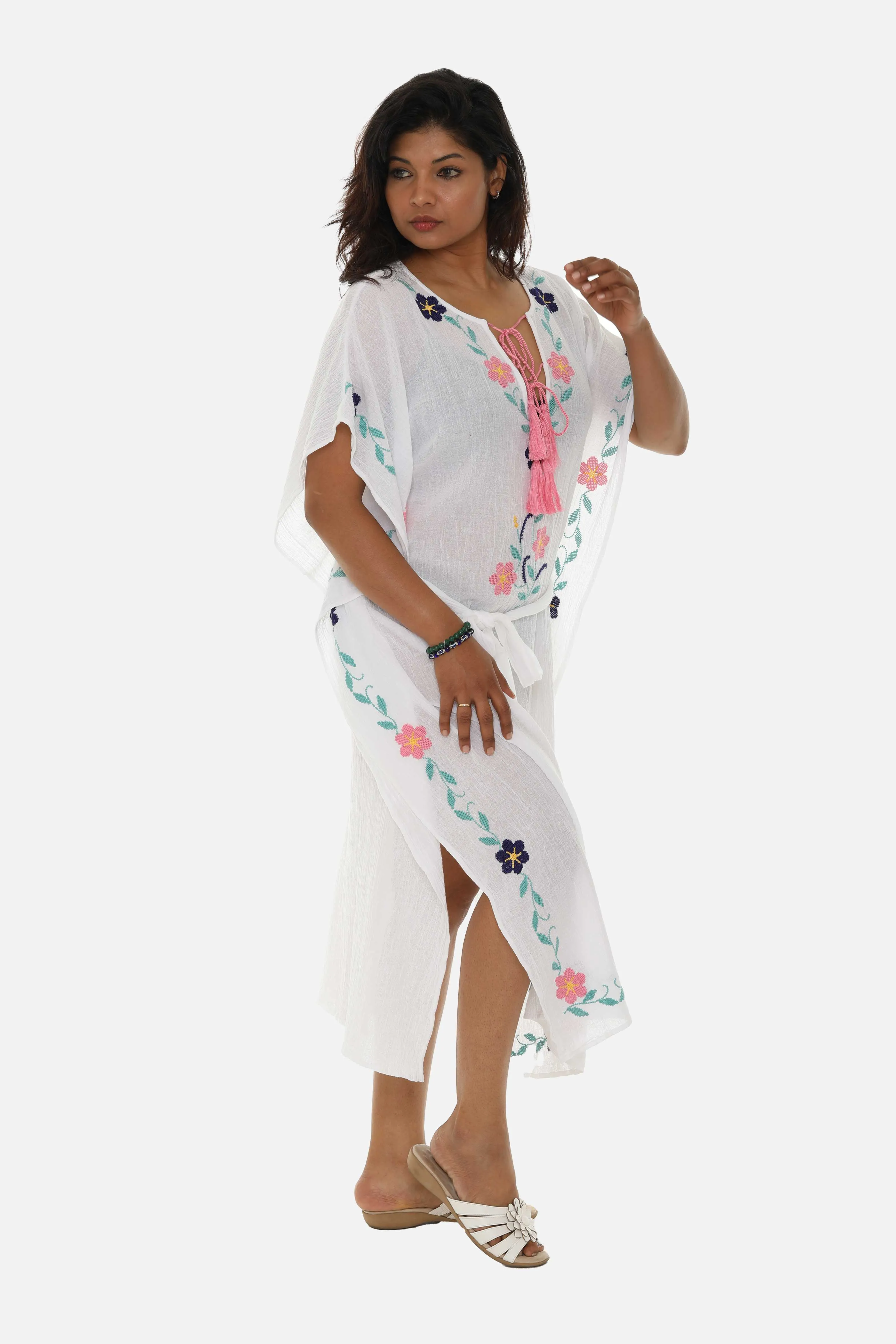 Pastel Embroidered Long Kaftan For Women