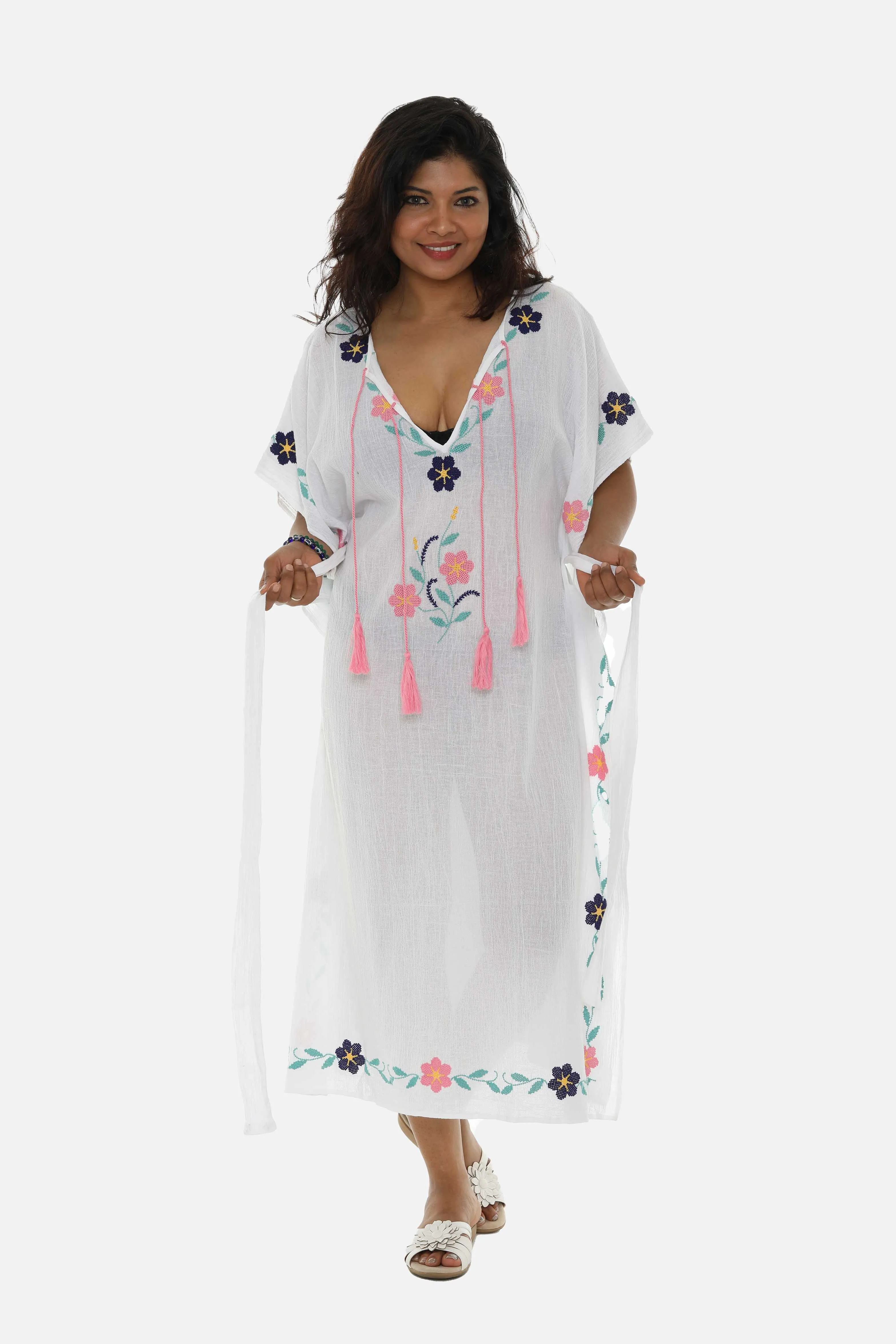 Pastel Embroidered Long Kaftan For Women
