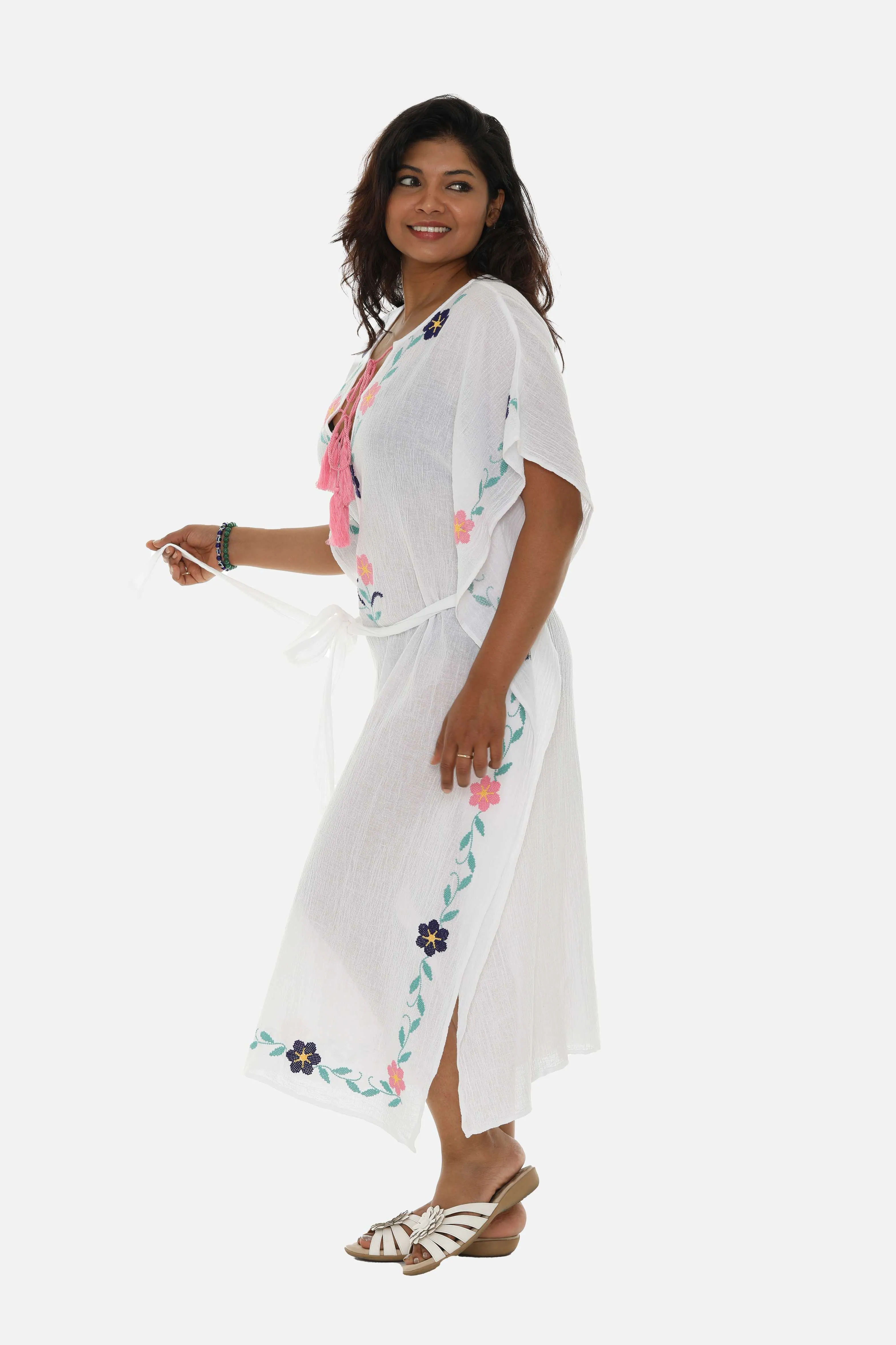 Pastel Embroidered Long Kaftan For Women