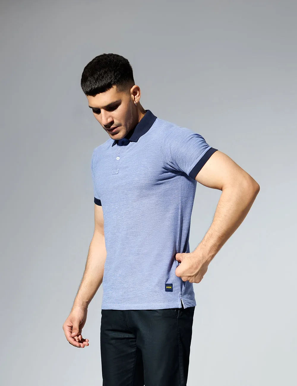 Plain Blue Polo Shirt with Navy Contrast Collar