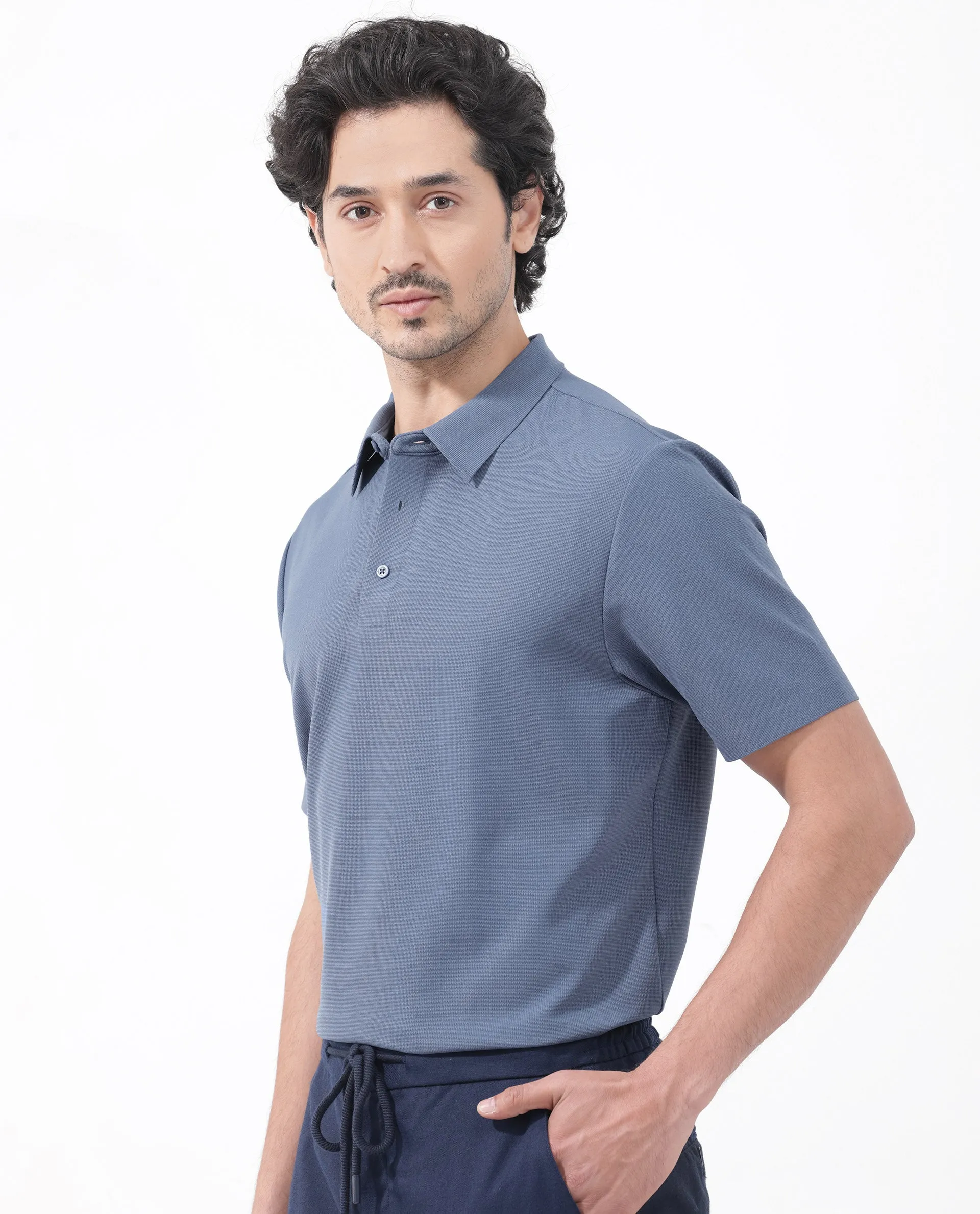 Rare Rabbit Mens Atticus Dusky Blue Short Sleeve Regular Fit Solid Polo T-Shirt