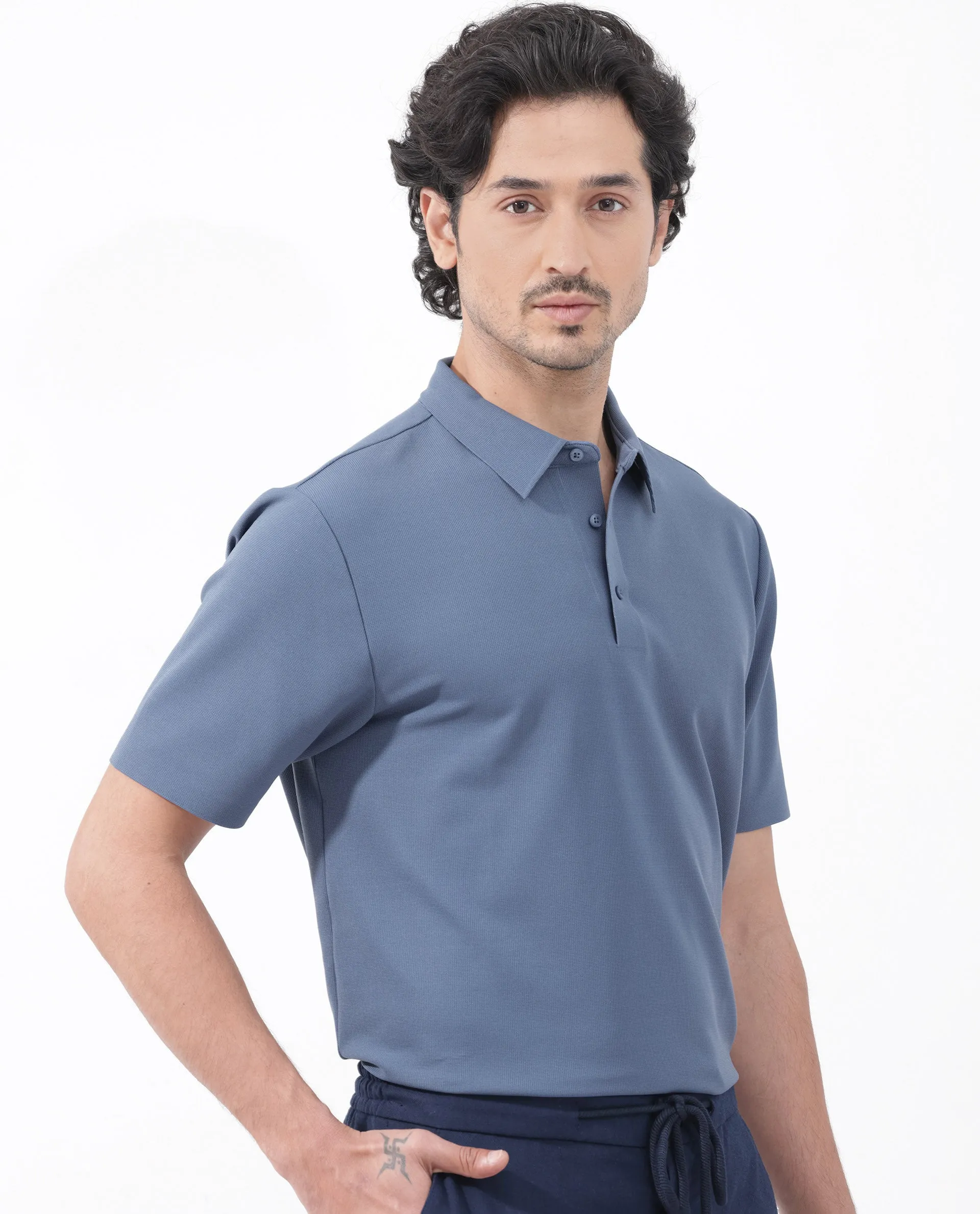 Rare Rabbit Mens Atticus Dusky Blue Short Sleeve Regular Fit Solid Polo T-Shirt