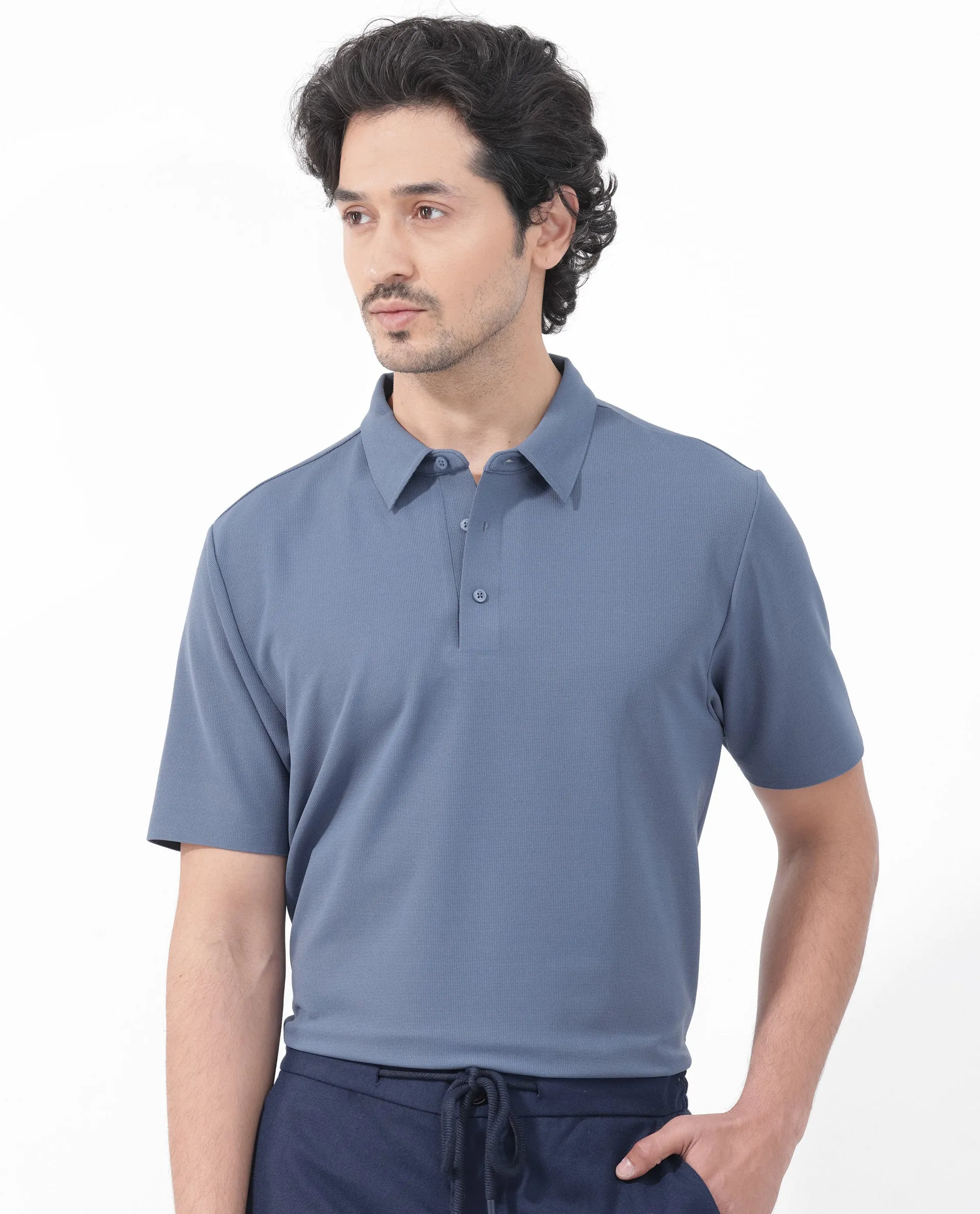 Rare Rabbit Mens Atticus Dusky Blue Short Sleeve Regular Fit Solid Polo T-Shirt