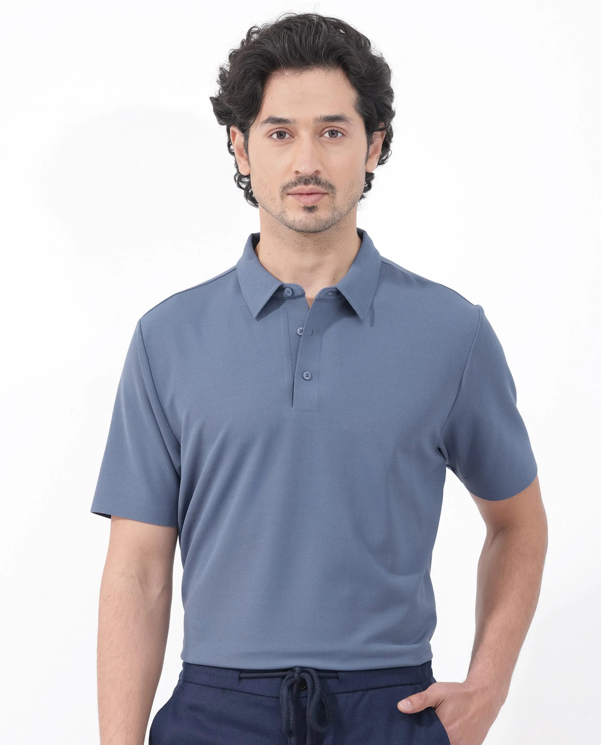 Rare Rabbit Mens Atticus Dusky Blue Short Sleeve Regular Fit Solid Polo T-Shirt