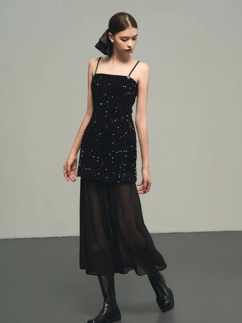 Sequins Elegant Bijou Flare Ciffon Camisole&Long-Skirt