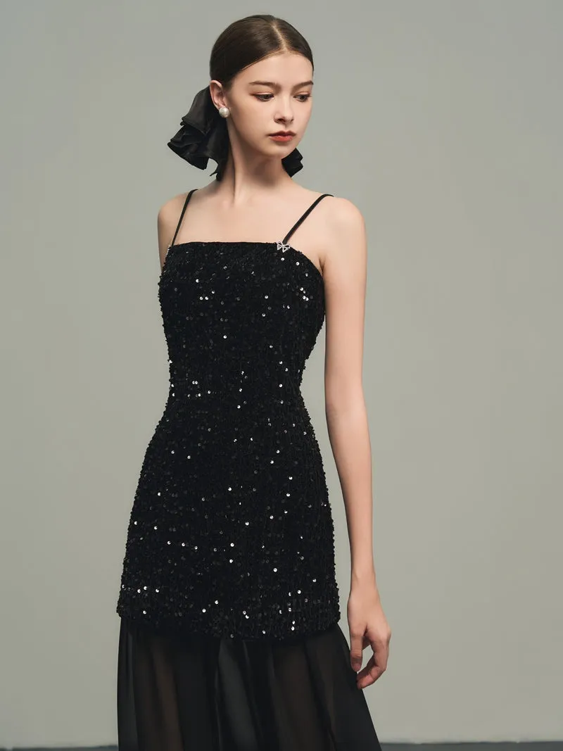Sequins Elegant Bijou Flare Ciffon Camisole&Long-Skirt