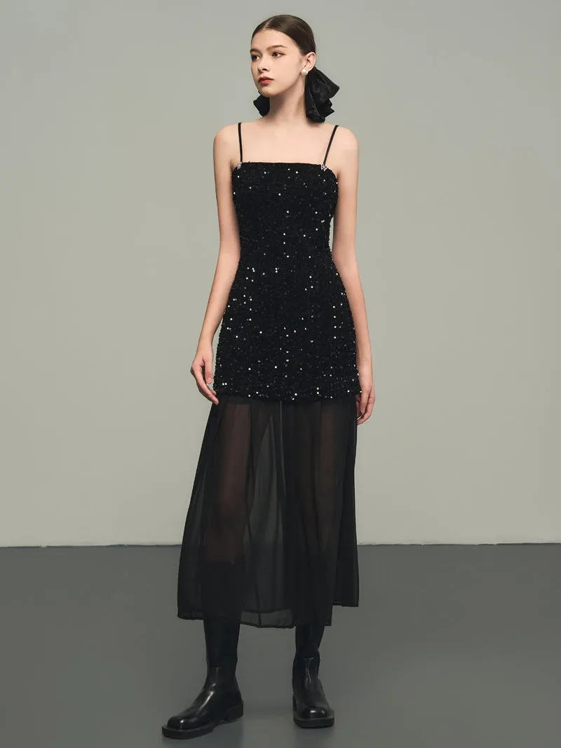 Sequins Elegant Bijou Flare Ciffon Camisole&Long-Skirt