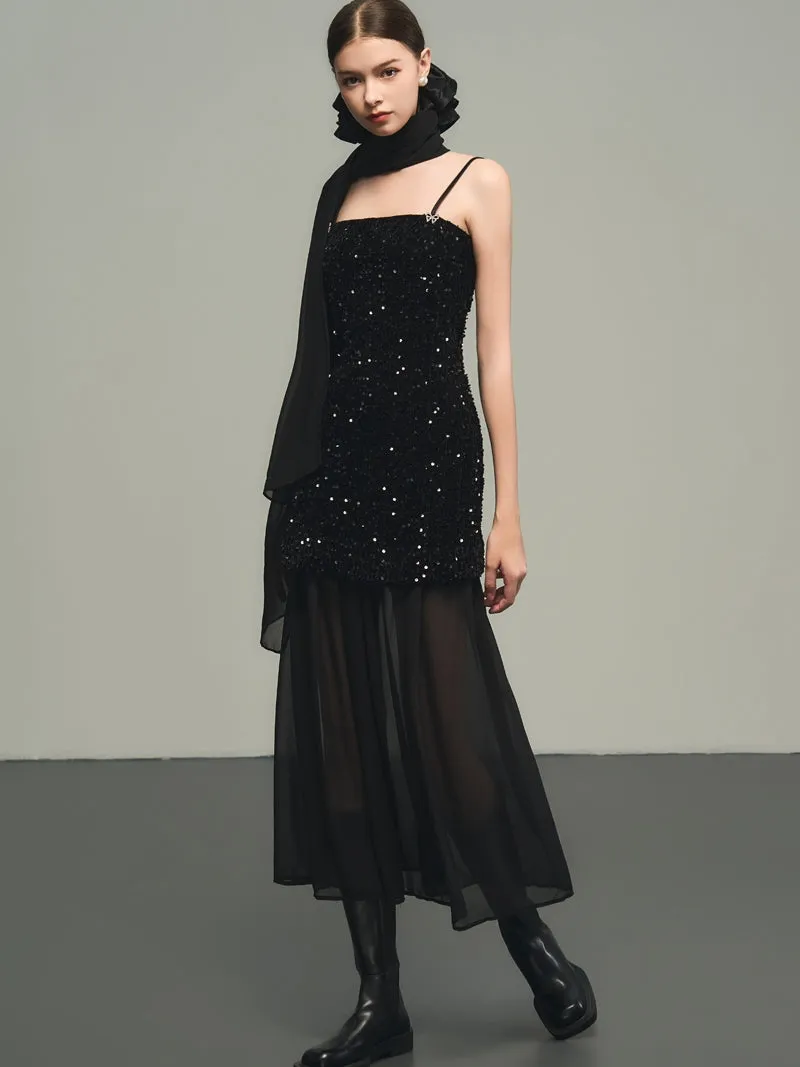 Sequins Elegant Bijou Flare Ciffon Camisole&Long-Skirt