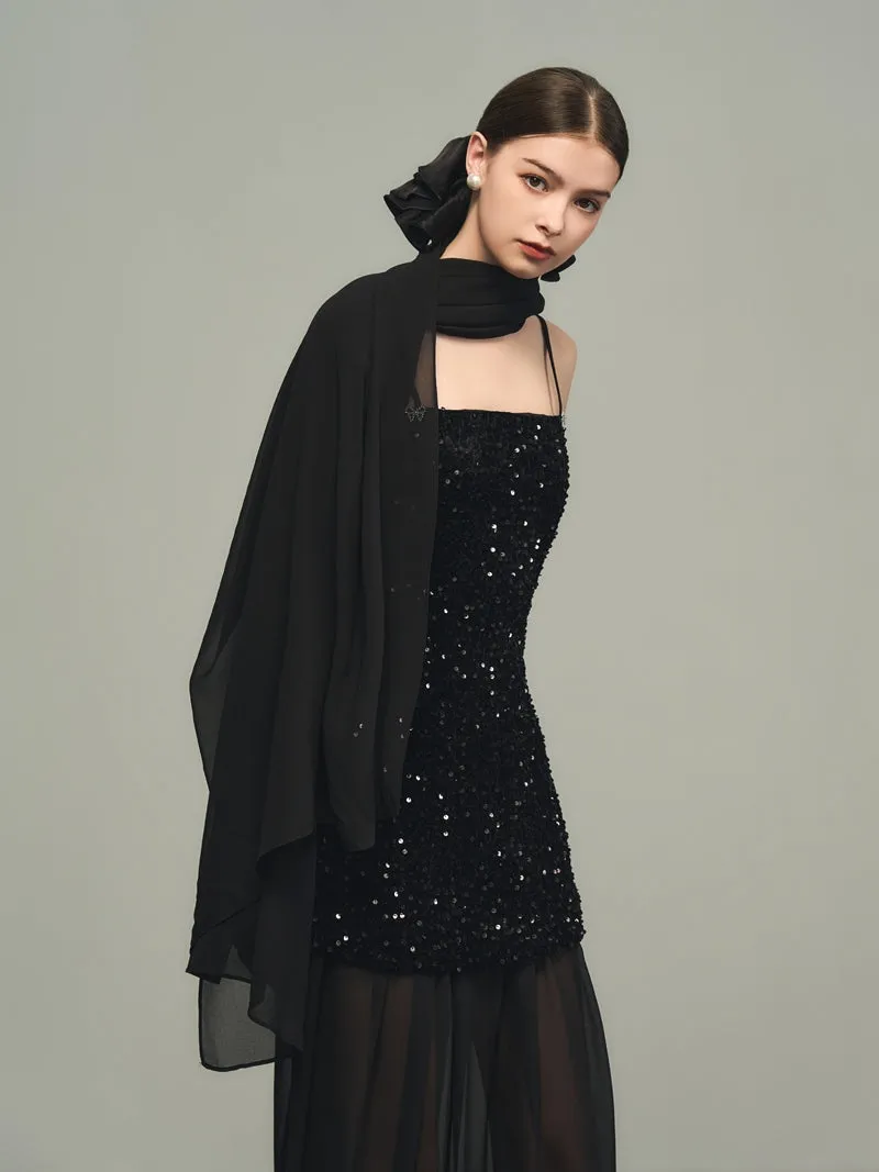 Sequins Elegant Bijou Flare Ciffon Camisole&Long-Skirt