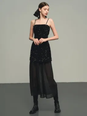 Sequins Elegant Bijou Flare Ciffon Camisole&Long-Skirt