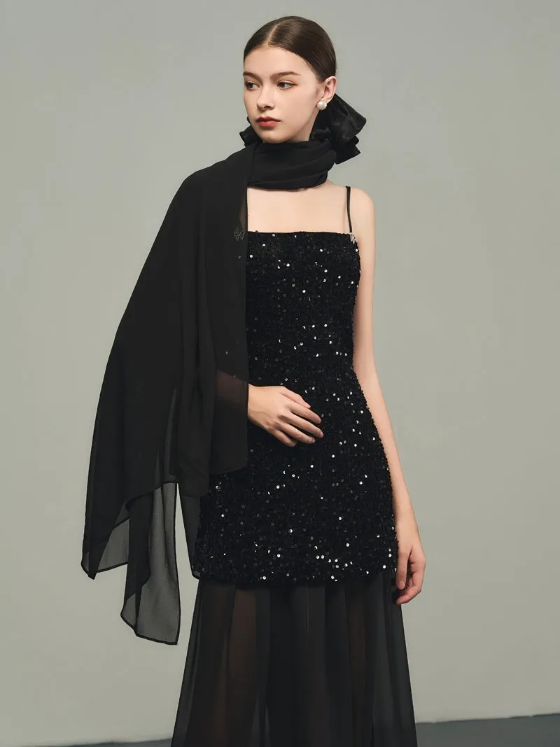 Sequins Elegant Bijou Flare Ciffon Camisole&Long-Skirt