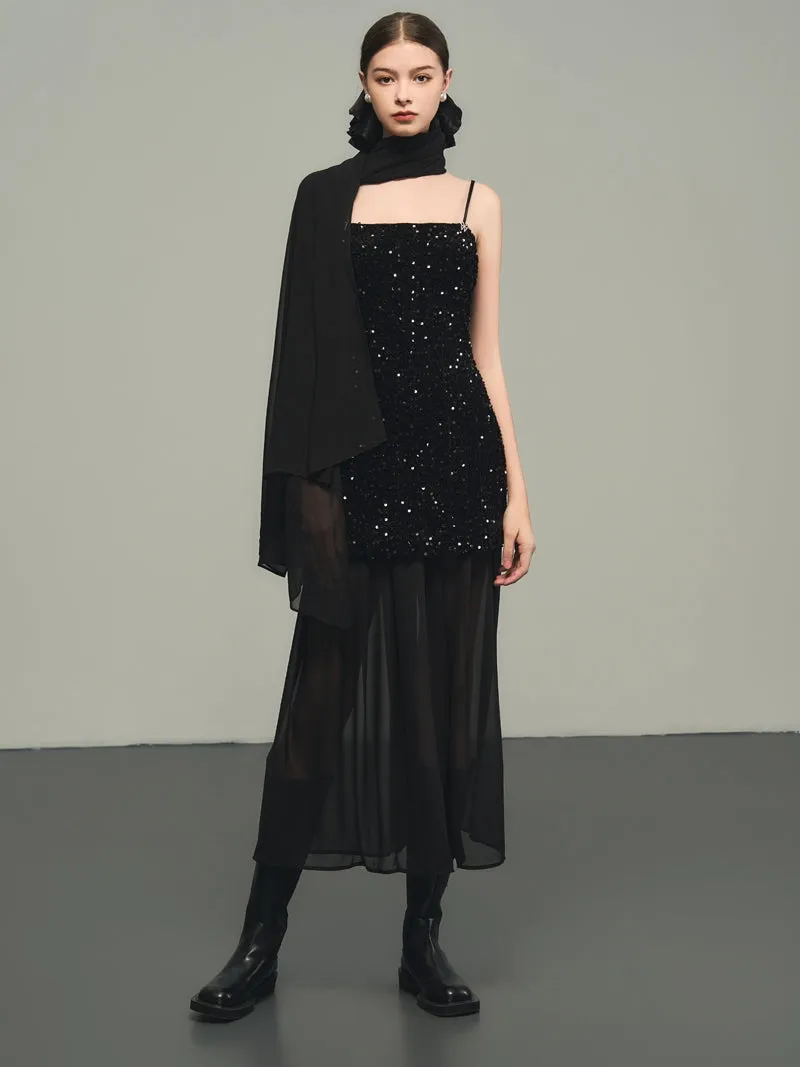 Sequins Elegant Bijou Flare Ciffon Camisole&Long-Skirt