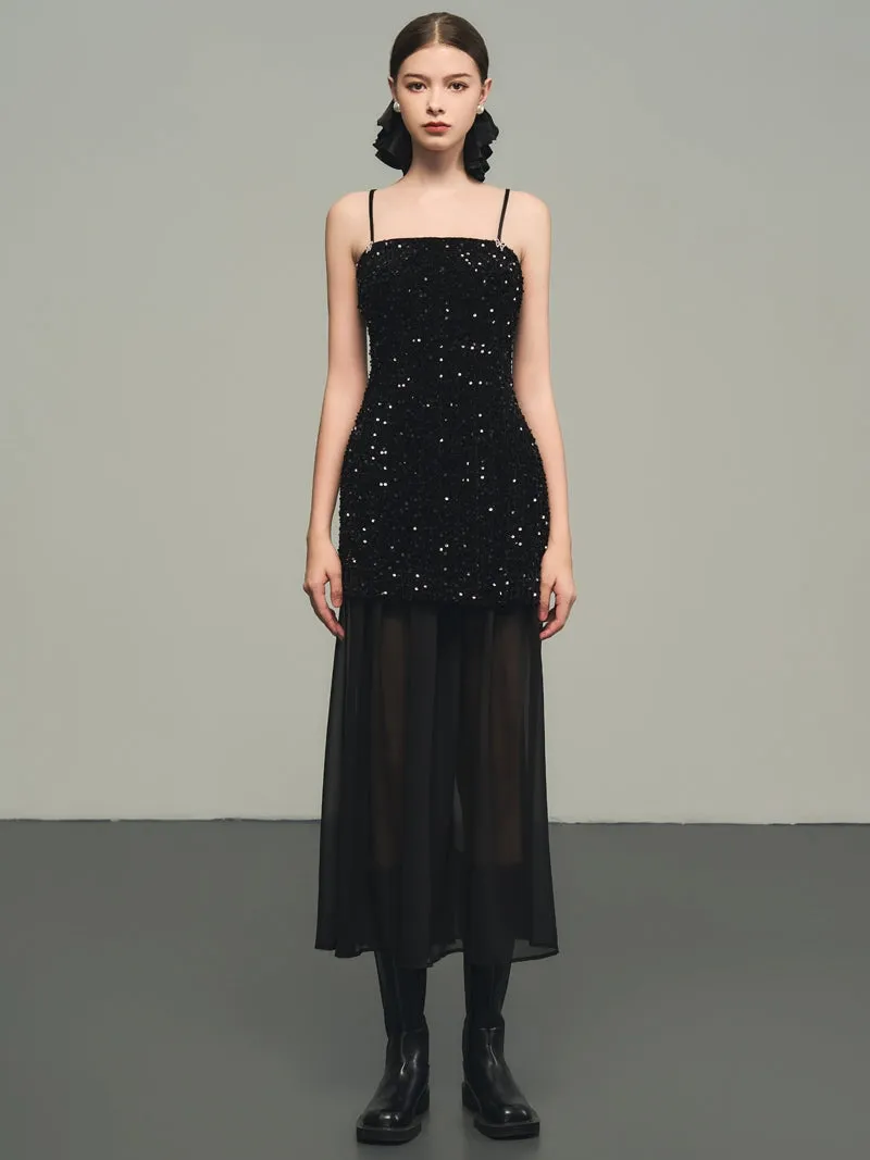 Sequins Elegant Bijou Flare Ciffon Camisole&Long-Skirt
