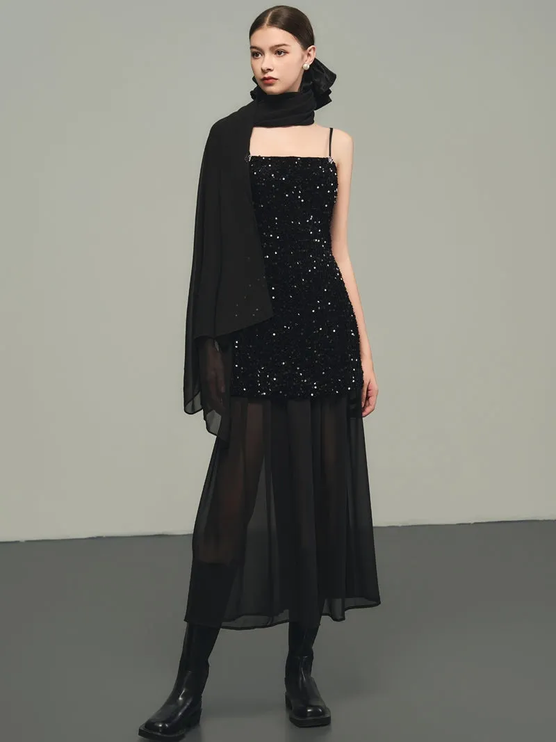 Sequins Elegant Bijou Flare Ciffon Camisole&Long-Skirt