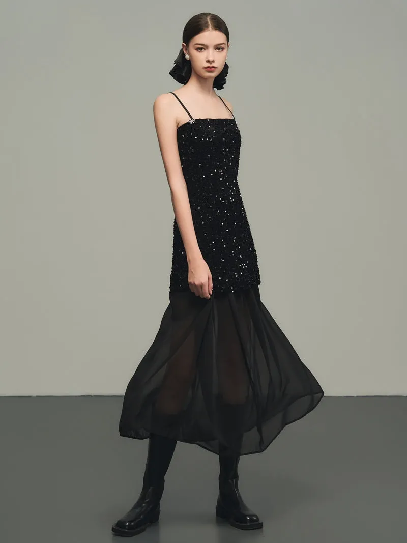 Sequins Elegant Bijou Flare Ciffon Camisole&Long-Skirt