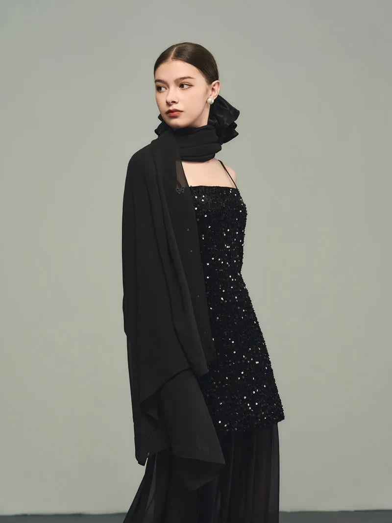Sequins Elegant Bijou Flare Ciffon Camisole&Long-Skirt