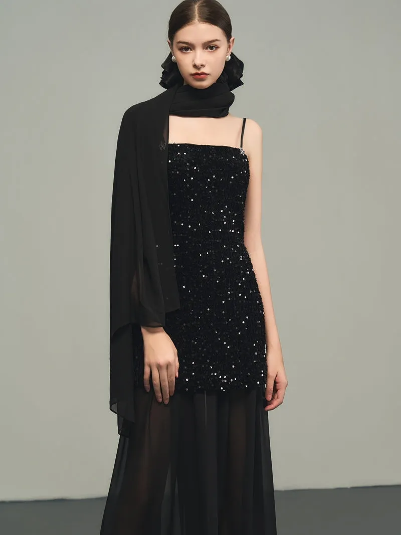Sequins Elegant Bijou Flare Ciffon Camisole&Long-Skirt