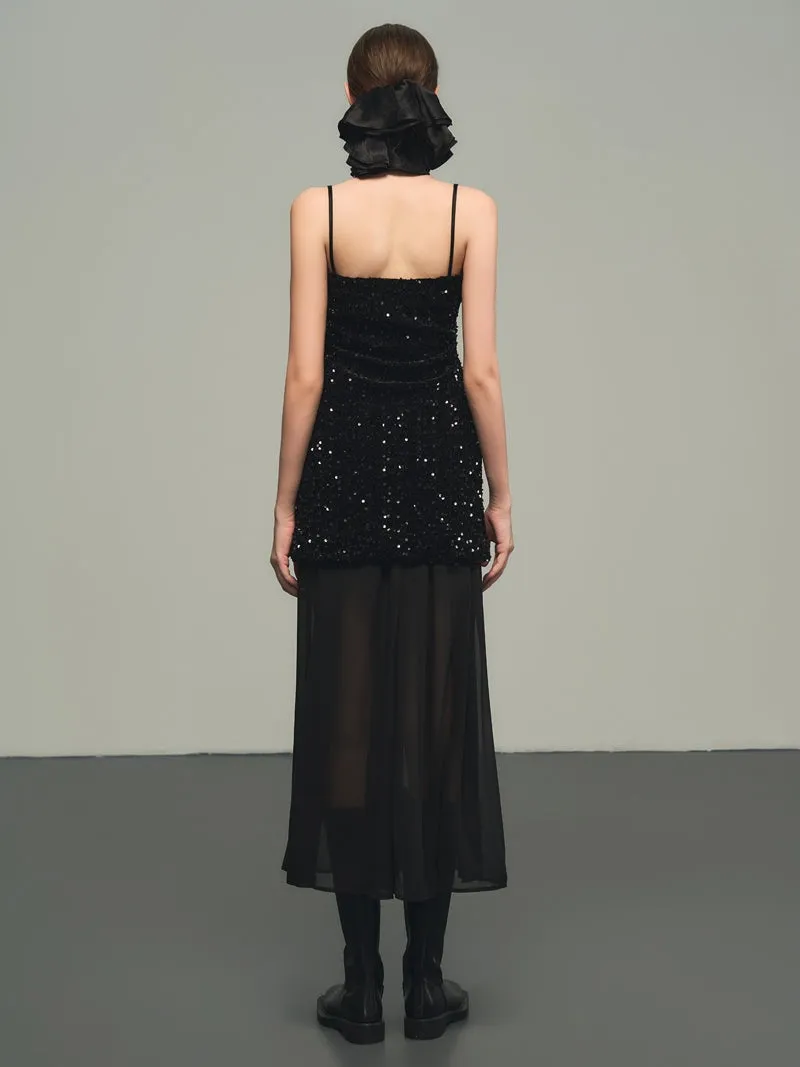 Sequins Elegant Bijou Flare Ciffon Camisole&Long-Skirt